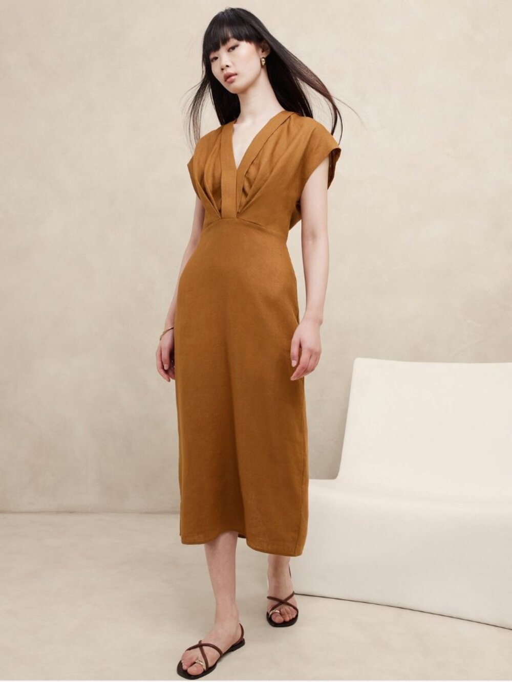 Banana Republic 100% Linen Mari Draped Dress Ochre